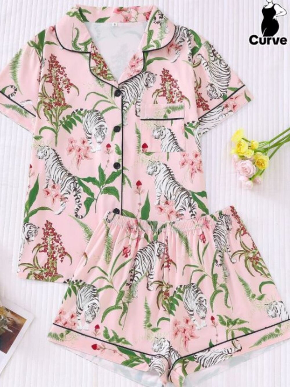 Women's Pink Floral & Tiger Print Short Pajama Set